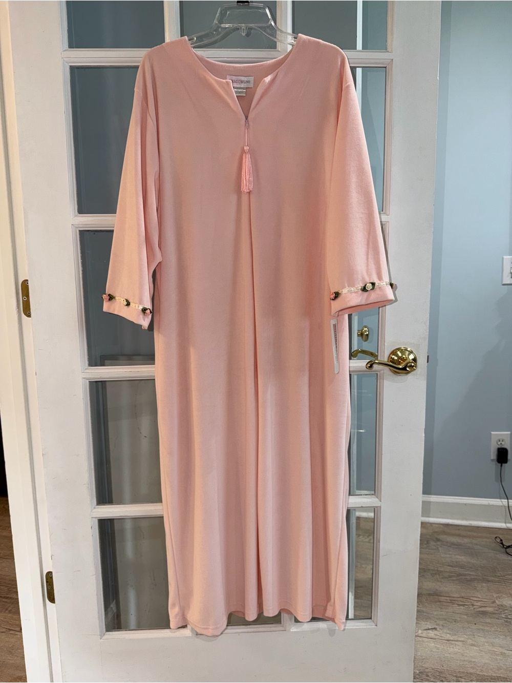 VTG Shadowline housecoat Pink velvet Roses NWT Sleeve Robe Women’s Sz L Granny